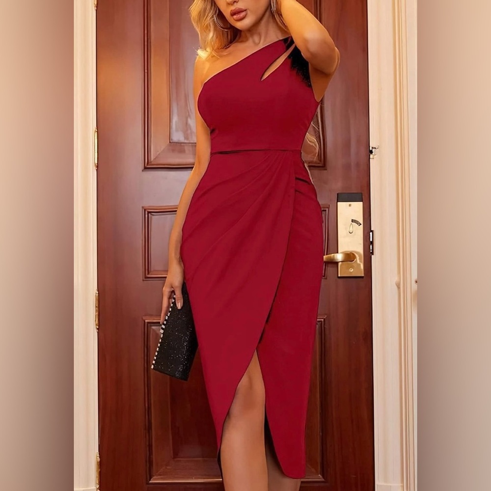 PrettyGarden Size L One Shoulder Slit Cutout Ruched Bodycon Party Midi Dress